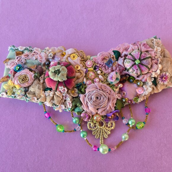 Handmade Pink Rose Embroidered Victorian-style Choker Collar Fairycore - Picture 4 of 10